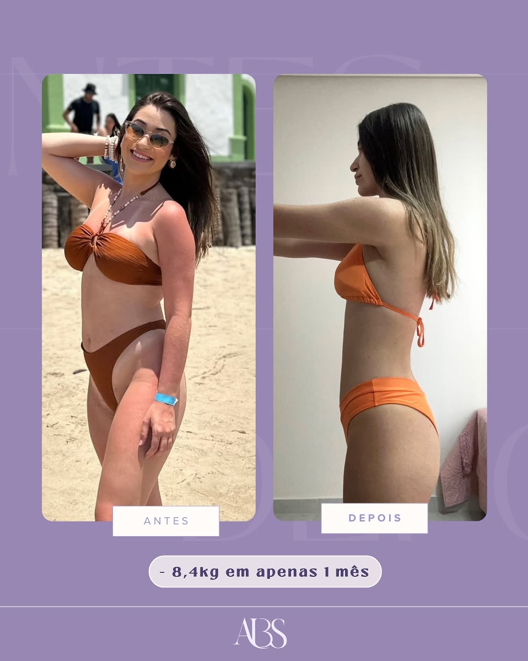 Resultado antes e depois, 8,4kg em 1 mês